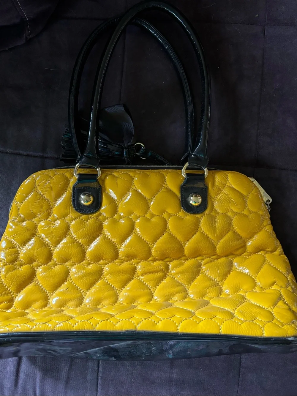 Betsey Johnson Yellow Quilted Heart Dome Satchel with Black Trim